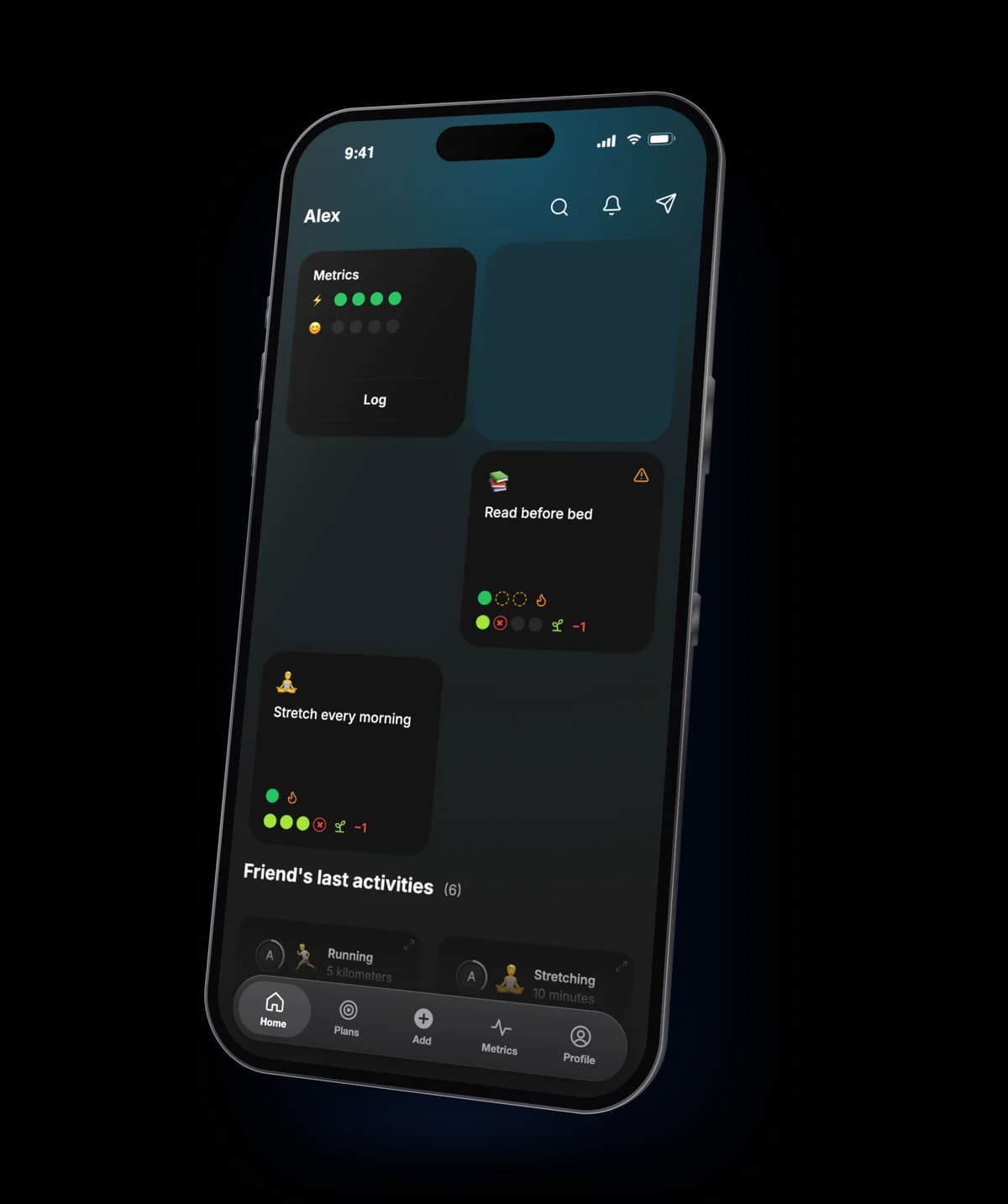 tracking.so iPhone home screen with plan cards, streaks and coach status