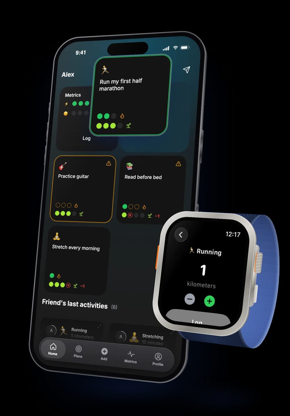 The home screen next to the Apple Watch logging a run