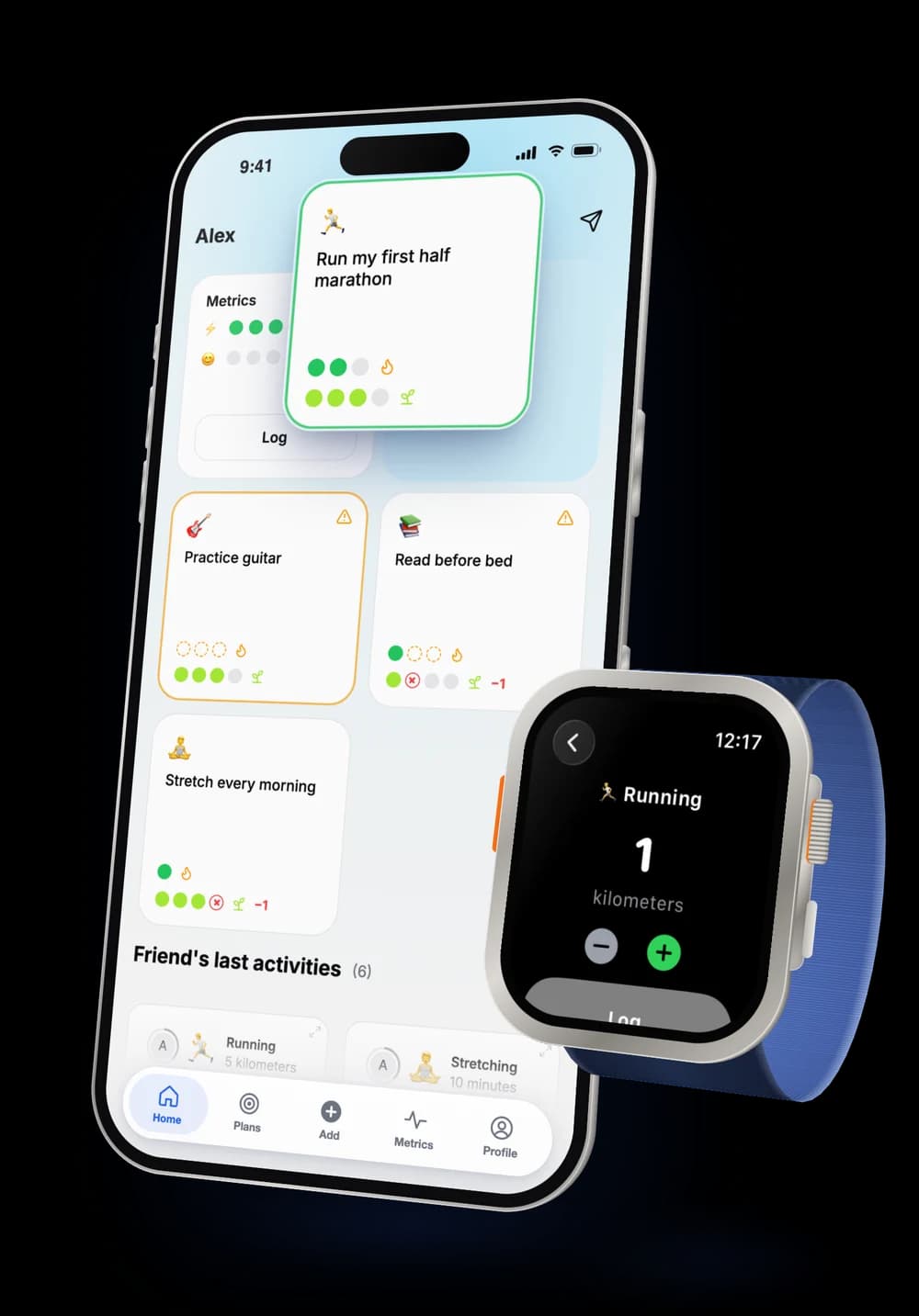 The home screen next to the Apple Watch logging a run